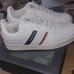 Nautica Men's White Leather Sneakers with Navy & Red Stripes